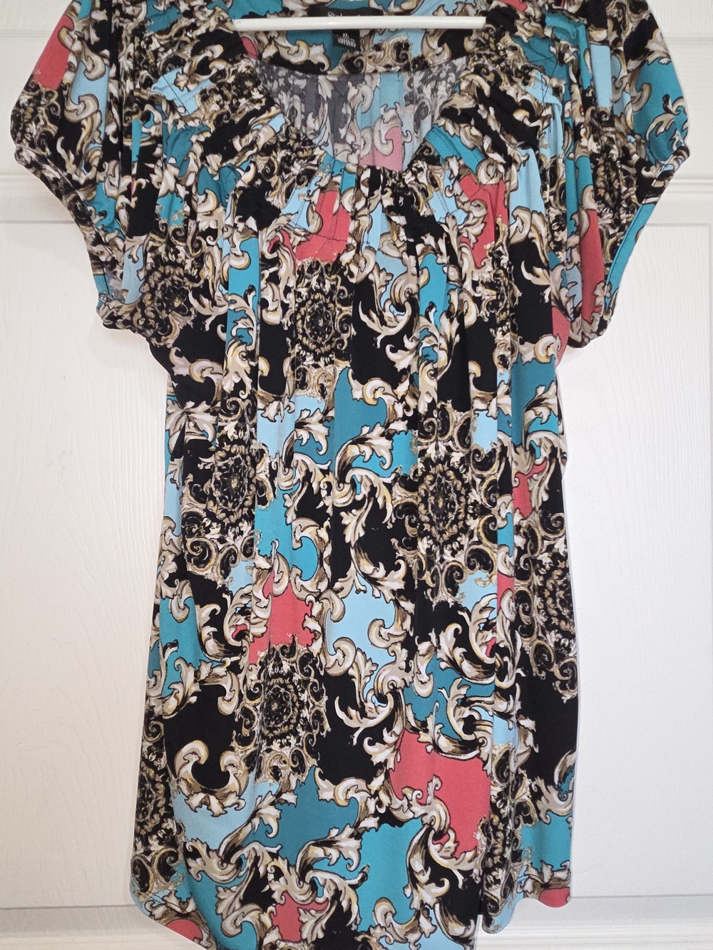 Style & Co. Baroque-Print Short Sleeve Tunic in Black, Teal, Pink, Cream
